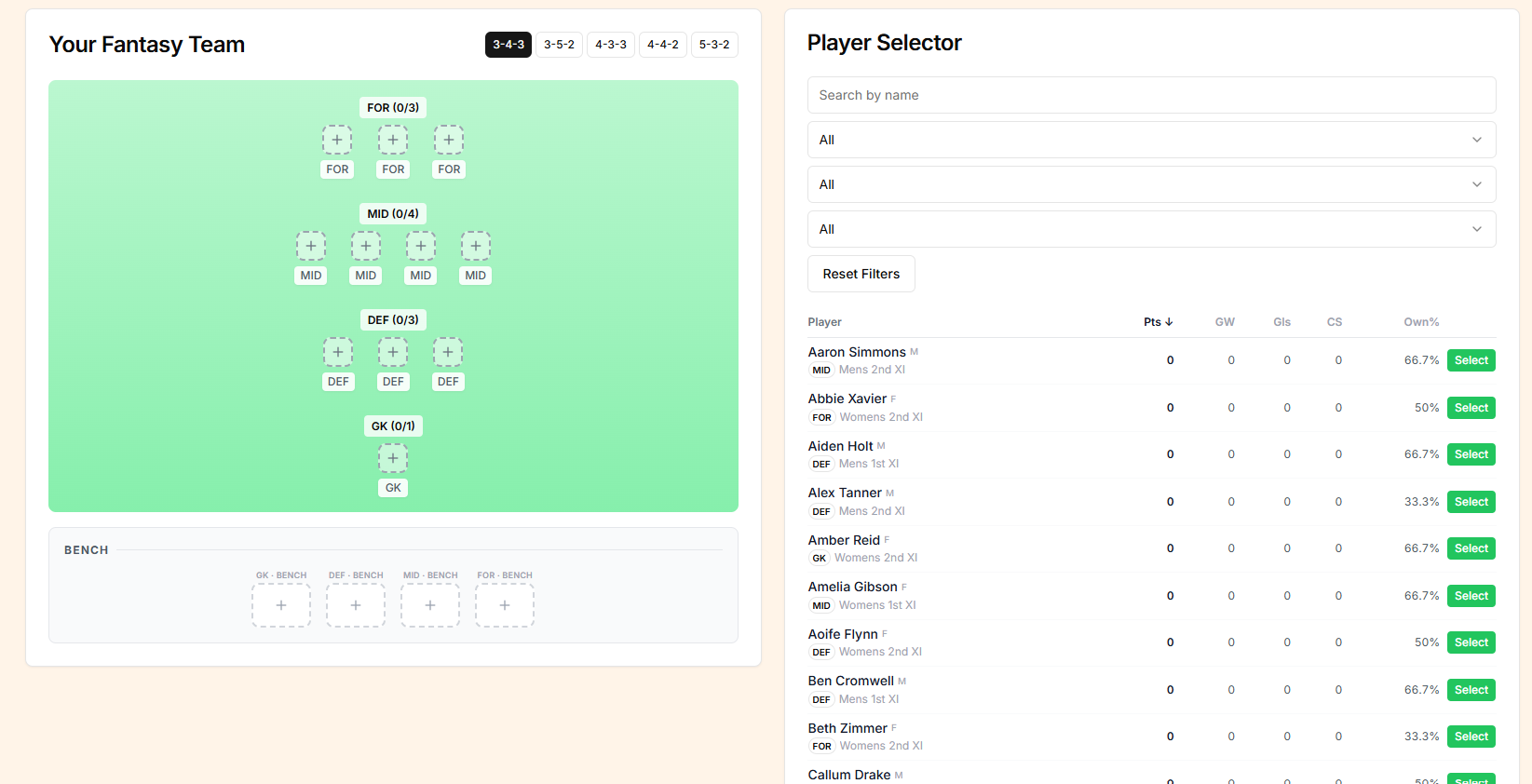 Filling an empty slot and choosing a player from the available list