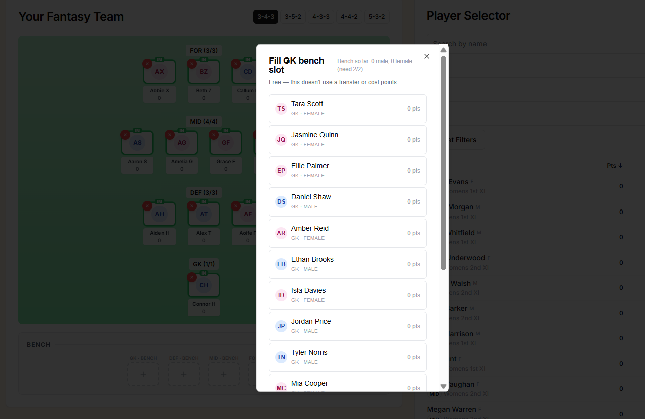 Adding bench players