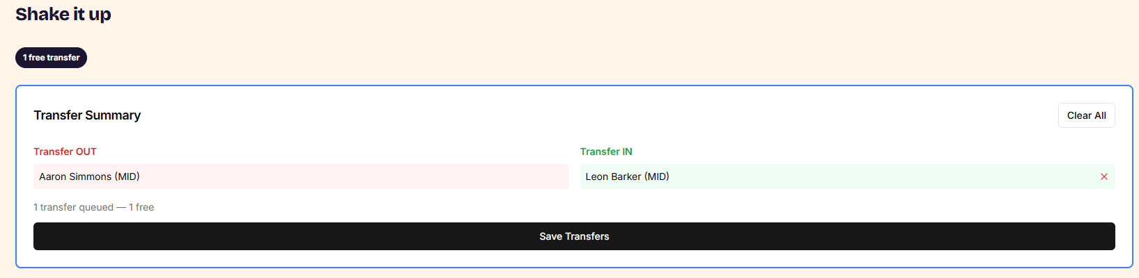 The saved team on the transfers screen, showing transfer count and wildcard