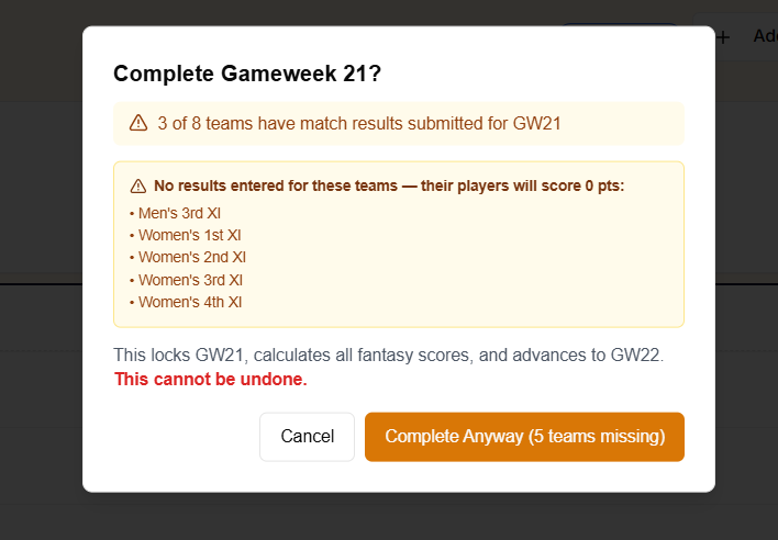 The Complete Game Week screen with warnings about missing results