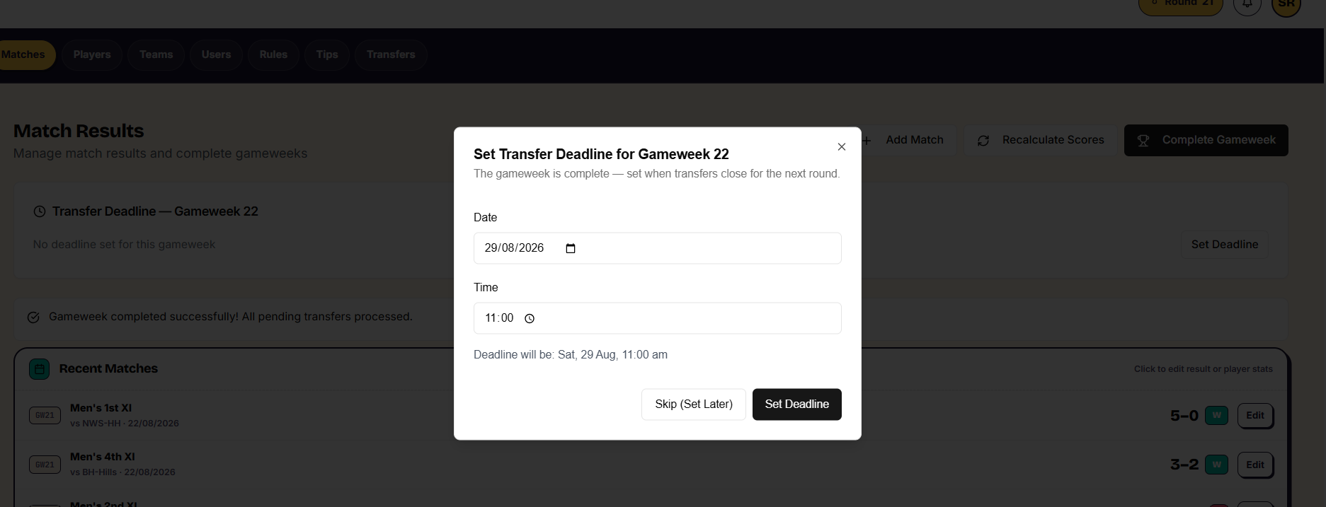 The Game Week tab showing the transfer deadline being set