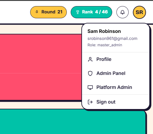 The Admin panel entry point, top right of the app