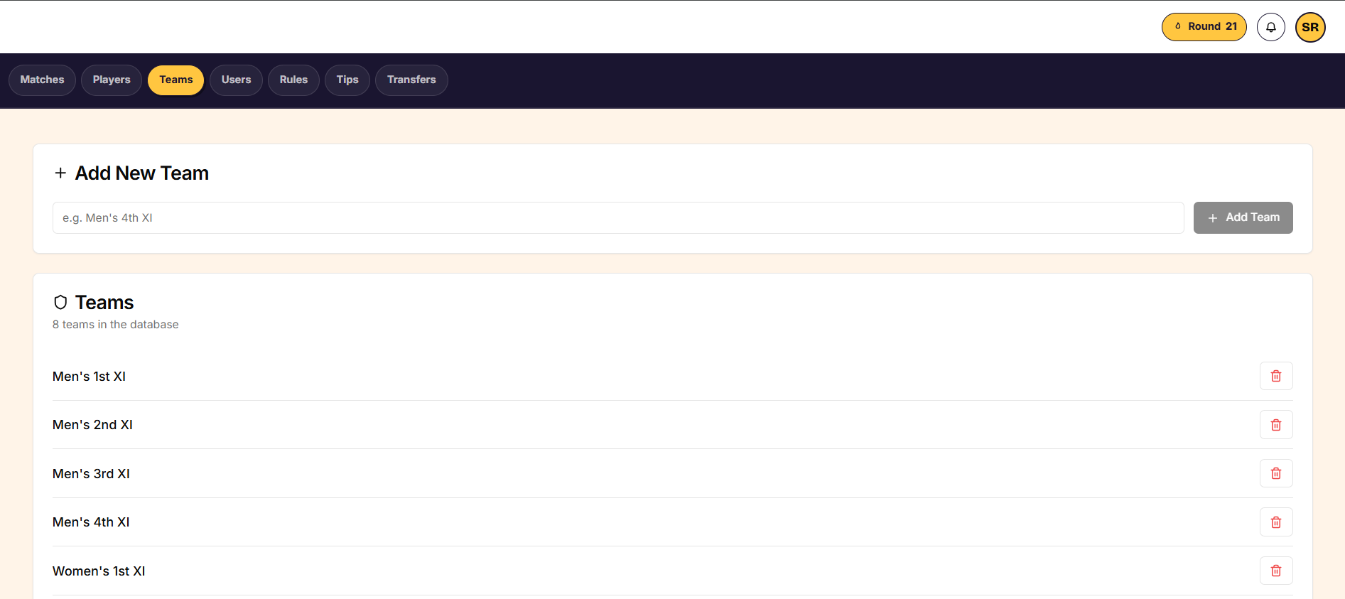 The Teams tab with a few teams already added