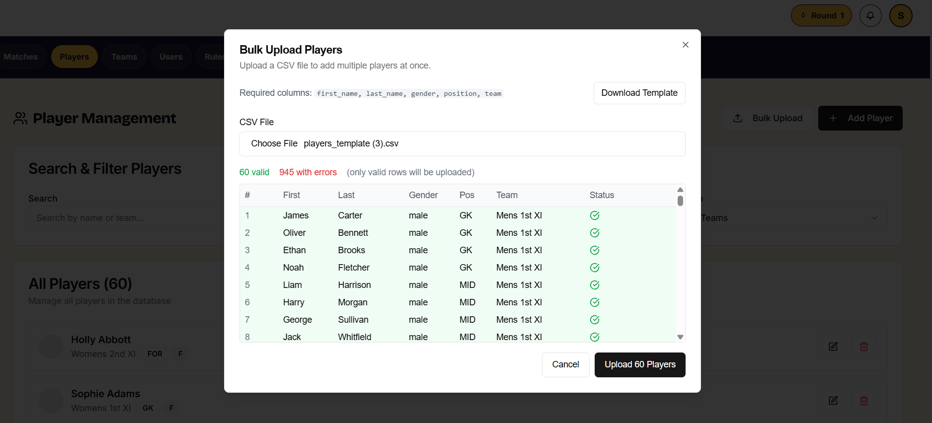 The bulk player upload screen with the spreadsheet template