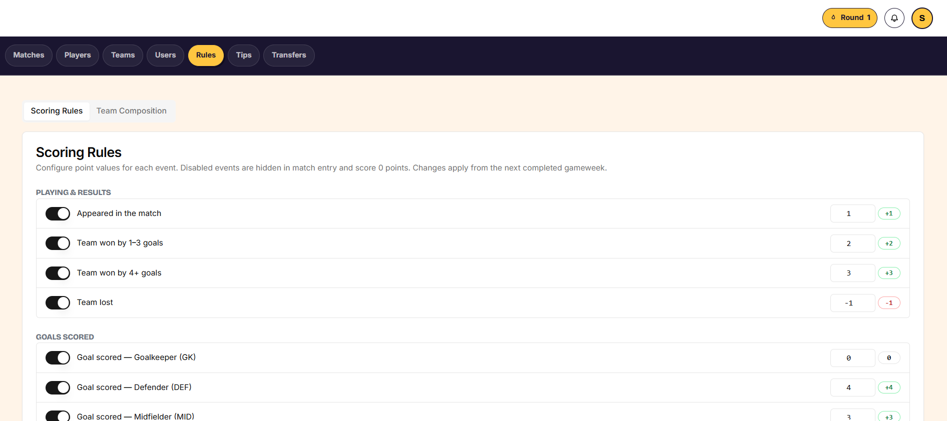 The Rules tab showing scoring points for match events