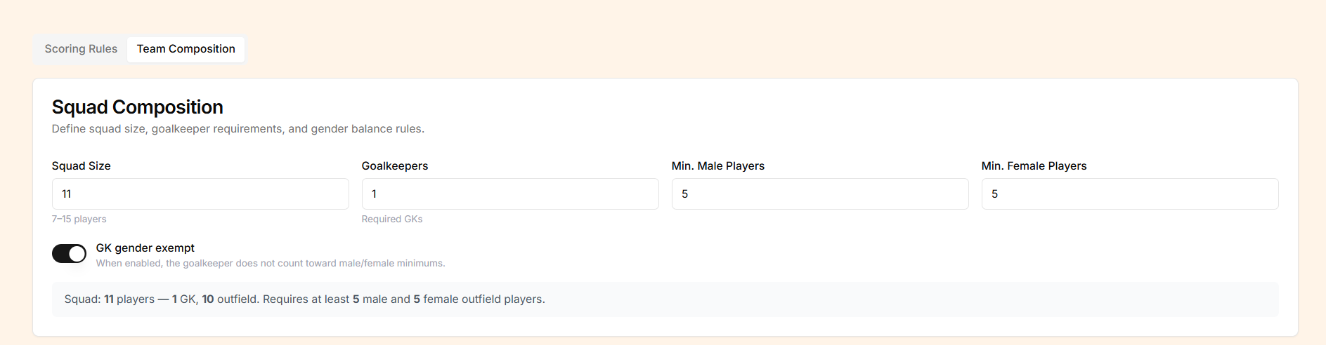 The Rules tab showing team composition and gender minimums