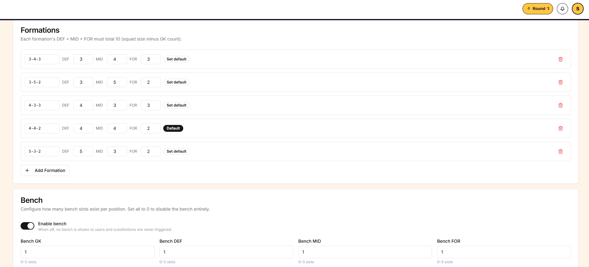 The Rules tab showing formations and the bench toggle
