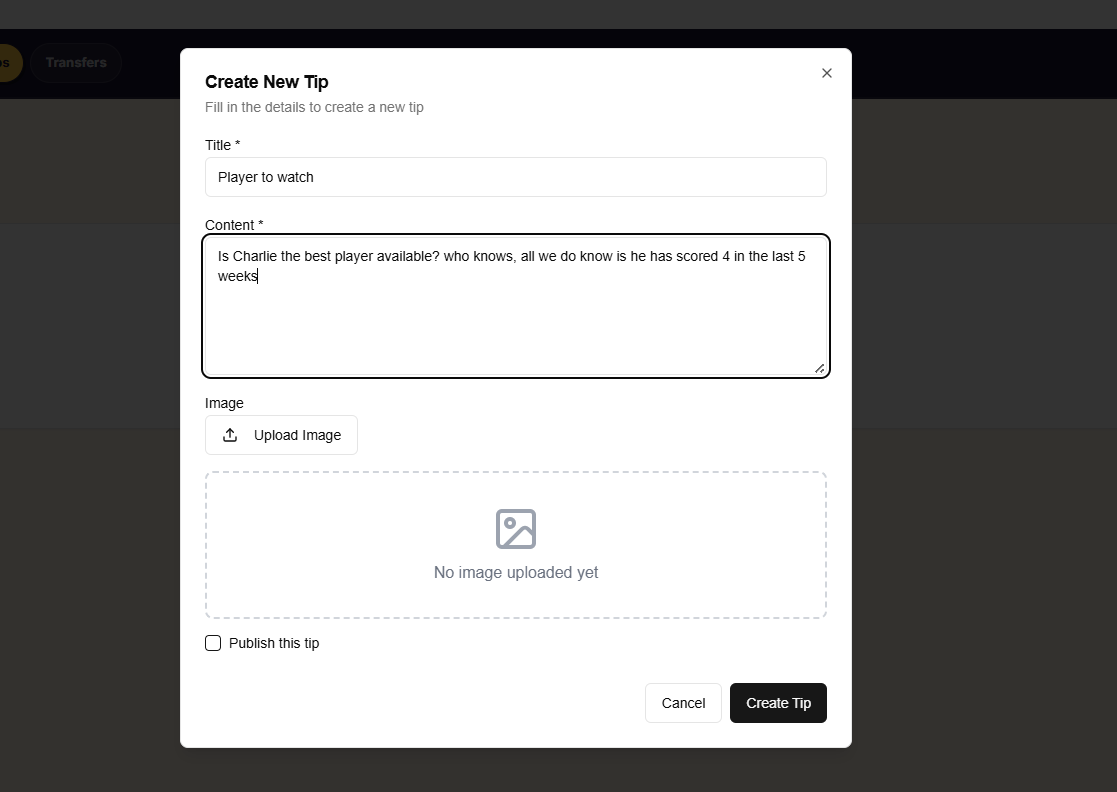 The Tips tab showing a tip being created