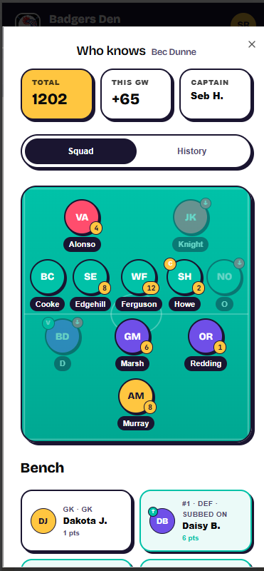 The Ranks page showing another team's auto subs for a gameweek