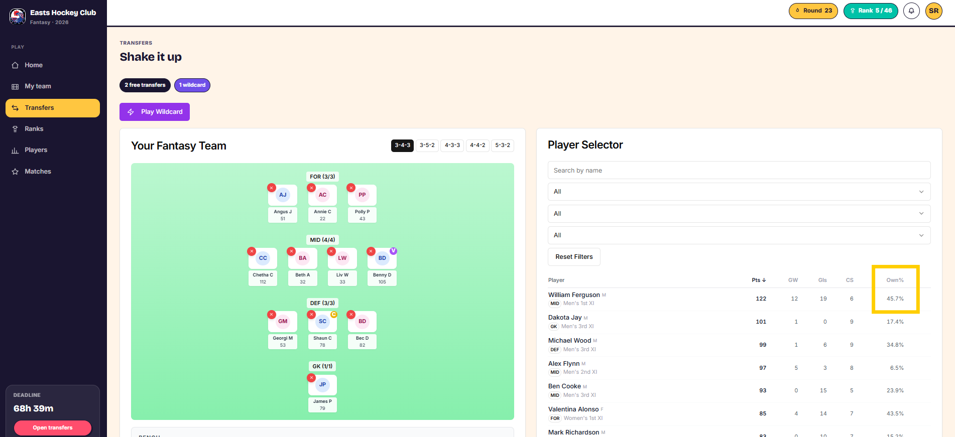 The transfer screen with the ownership column visible