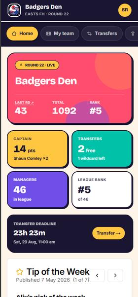 The ClubDraft home dashboard showing round status, captain points, and transfer deadline