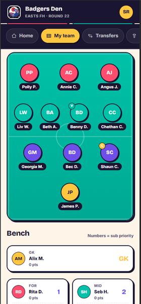 A fantasy team's pitch view showing player positions and bench